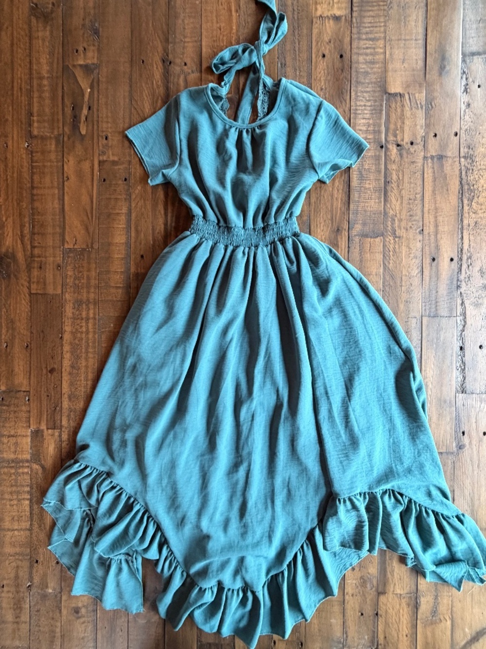 Teal High Low Ruffle Dress Girls Tie Back Boho Cottagecore Sz 12